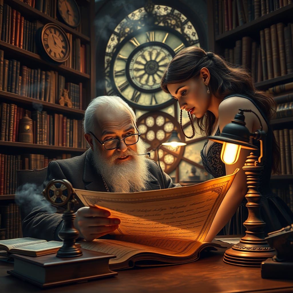 Steampunk Library with Inventor in Art Nouveau Style