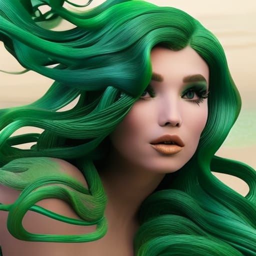 Green-Haired Mermaid in Detailed Gouache Painting