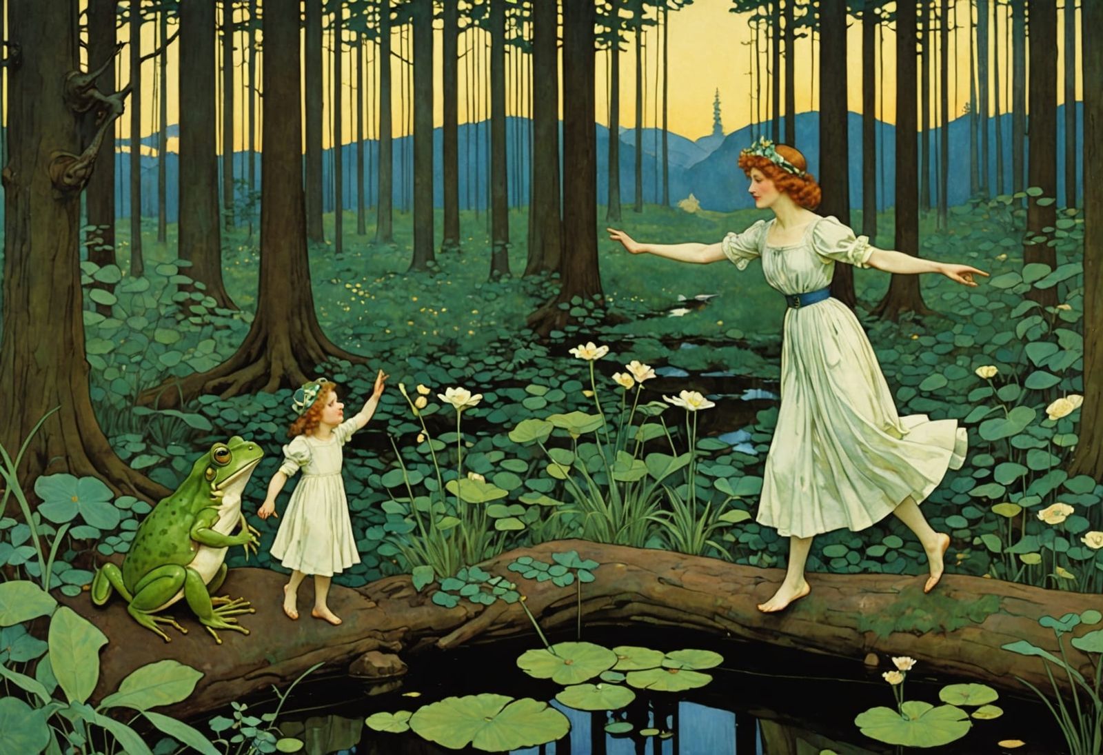 Elegant Woman and Child Frogs in Forest, Art Nouveau Style