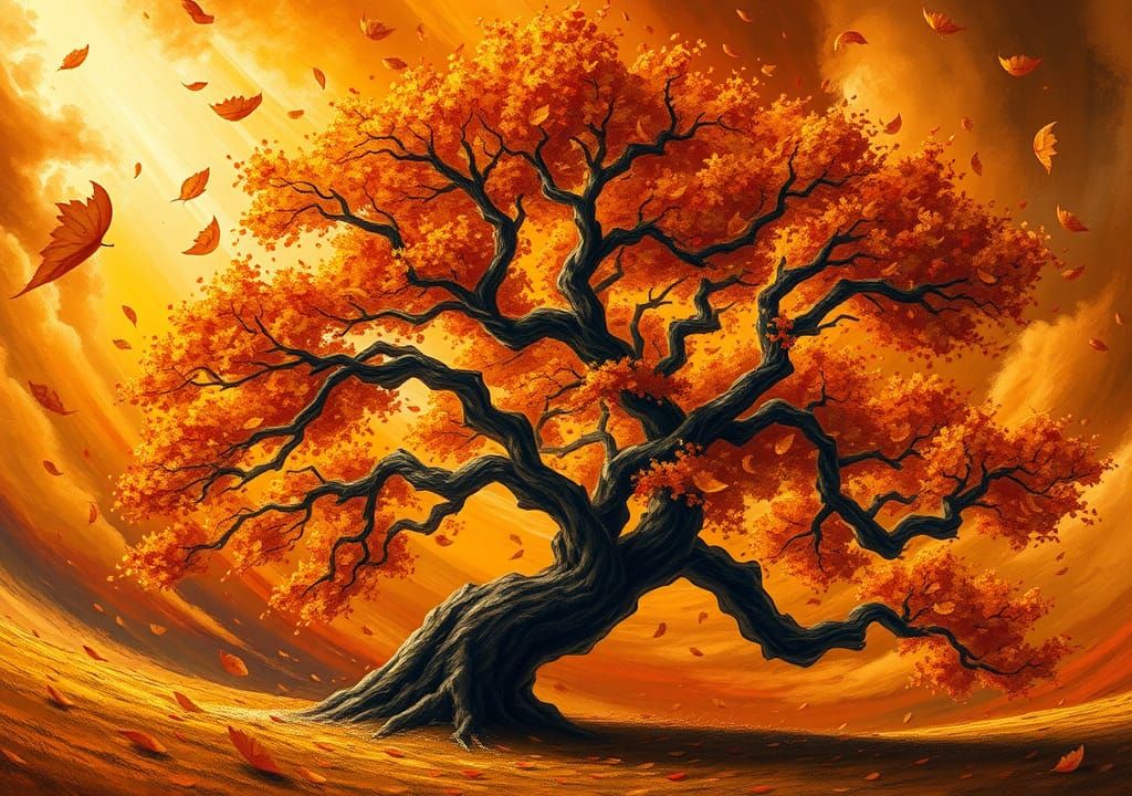 Autumn Tree in Wind, Expressive Landscape Art