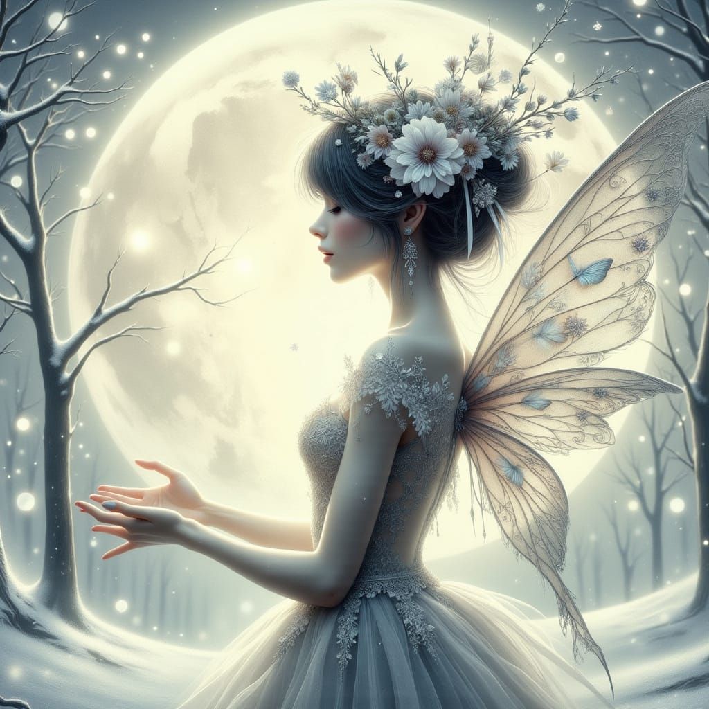 Delicate Fairy Silhouette in Whimsical Winter Wonderland