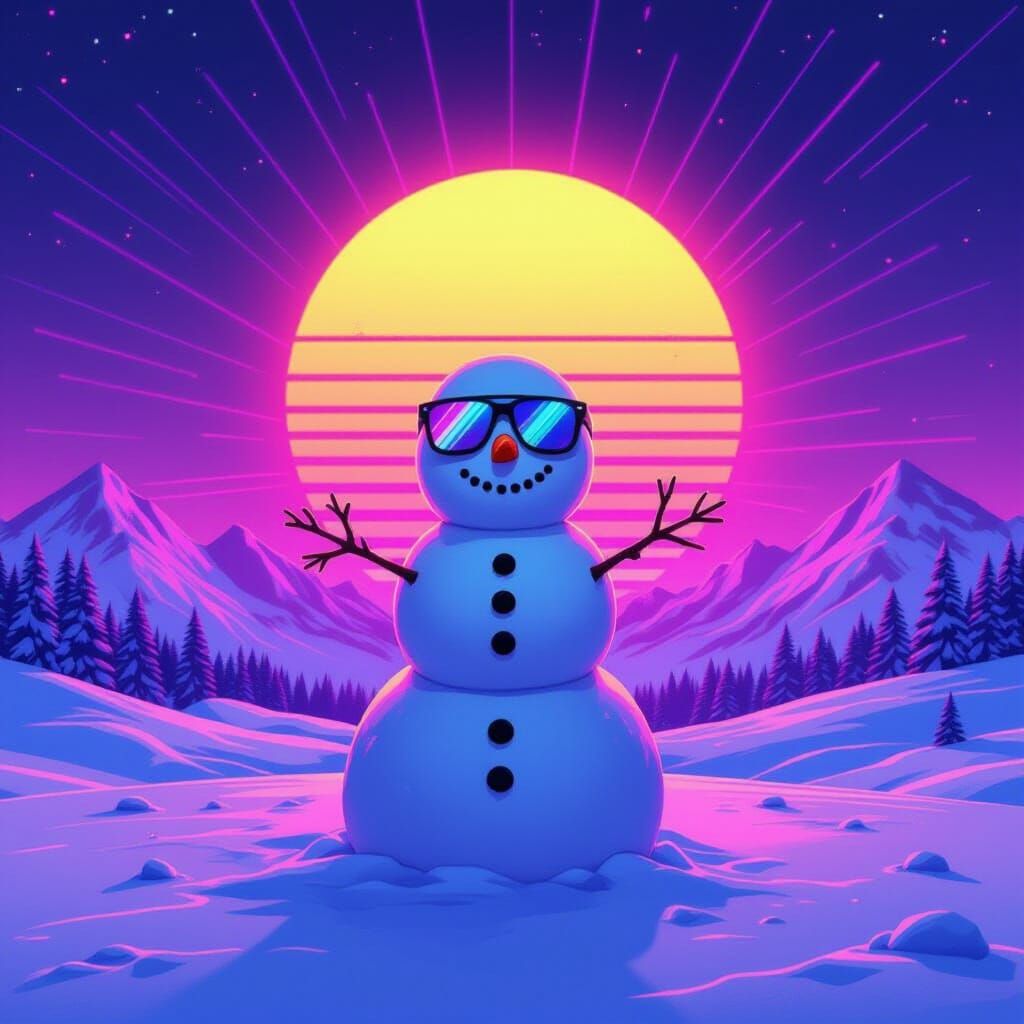 Snowman in Neon Synthwave Sky with Reflective Sunglasses