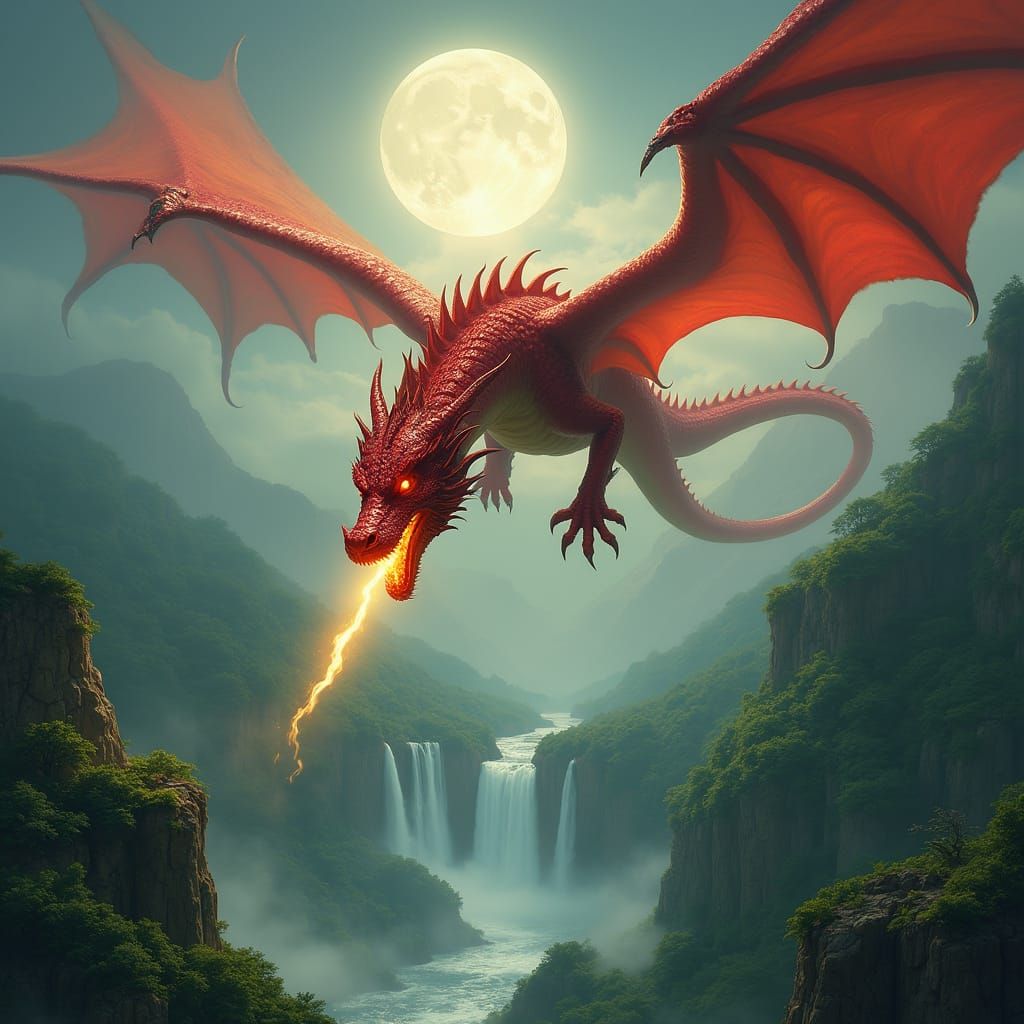 Majestic Red Dragon Soars Over Emerald Valley