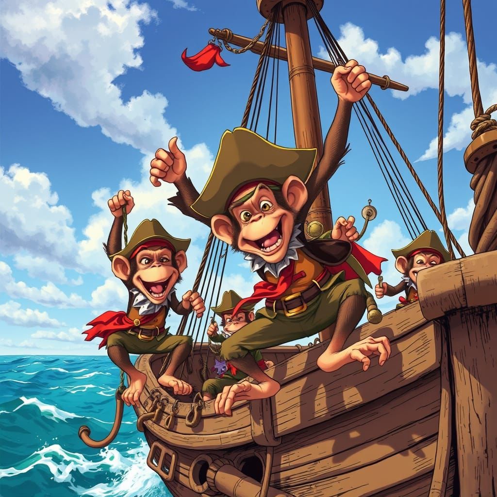 Pirate Monkeys Cause Chaos on Ship, Whimsical Art