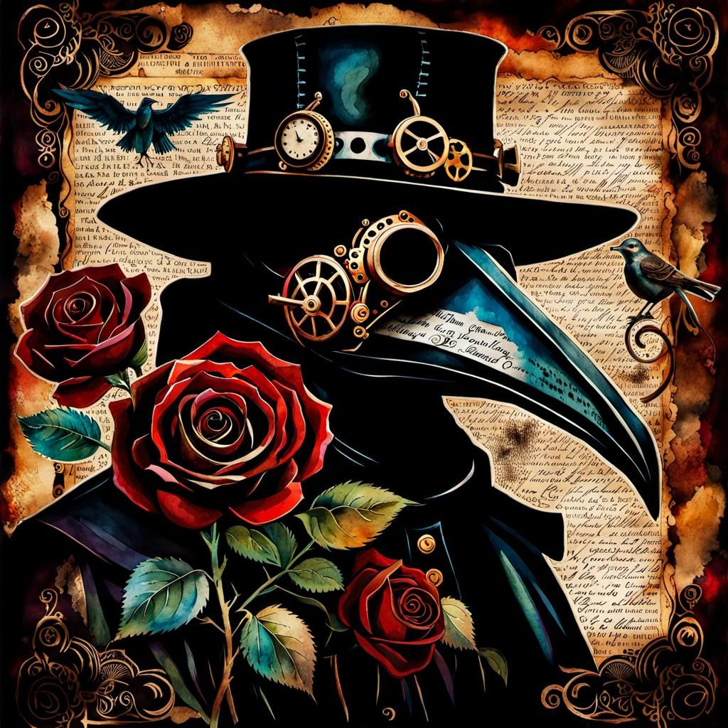Steampunk Plague Doctor Watercolor with Floral Accents