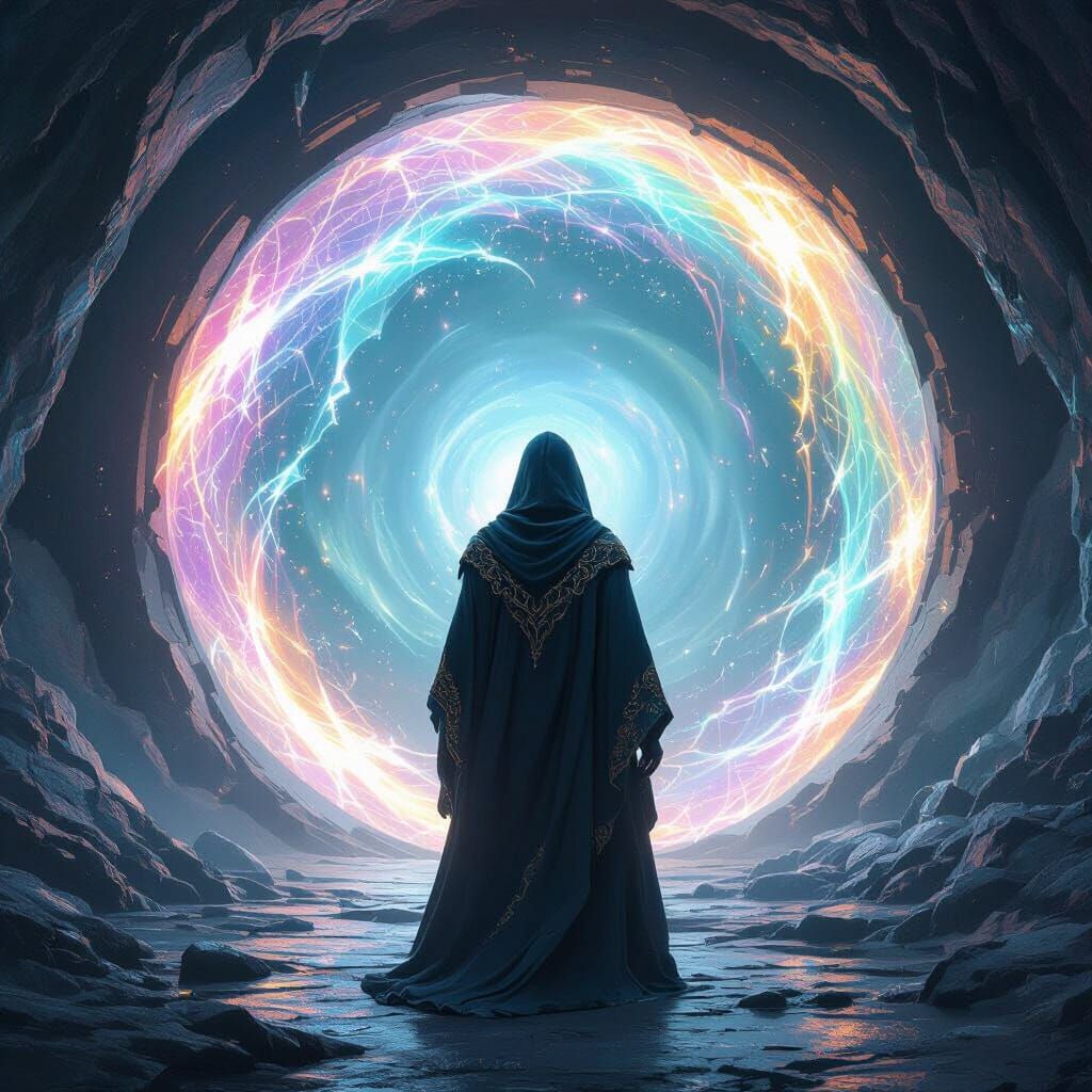 Mystic Figure and Cosmic Portal in Crystal Cave