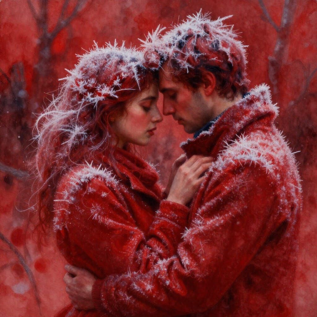 Lovers Embrace in Frosty Red World Fine Art