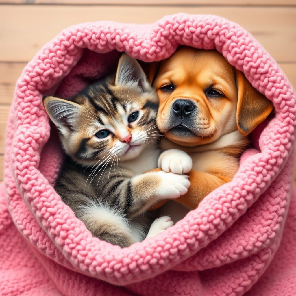 Cute Cat and Dog Cuddle Inside a Heart-Shaped Blanket in Whi...