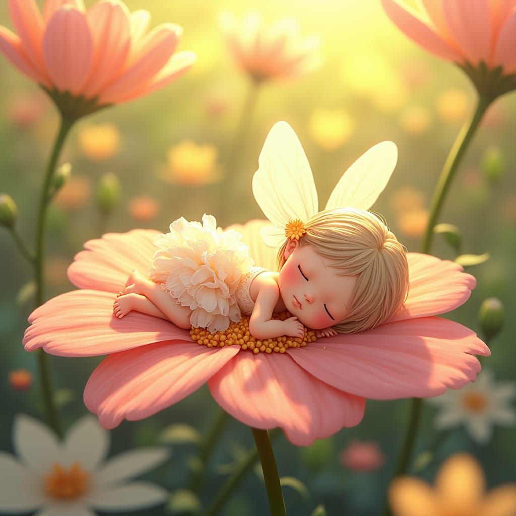 Sleeping Fairy on Flower in Anime Key Visual Style