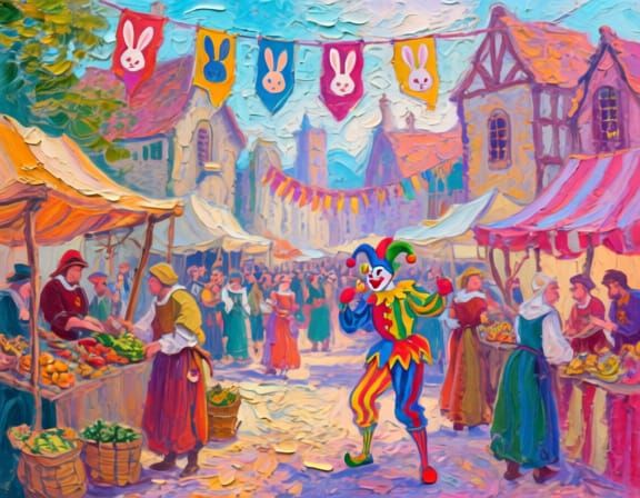 Medieval Marketplace Celebration in Vibrant Impasto Oil