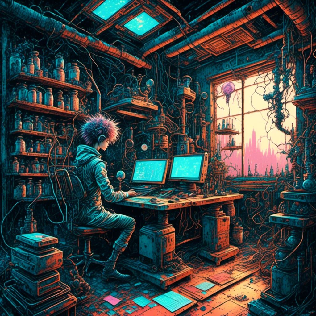 Mad scientist, post apocalyptic laboratory, cinematic, oil p...