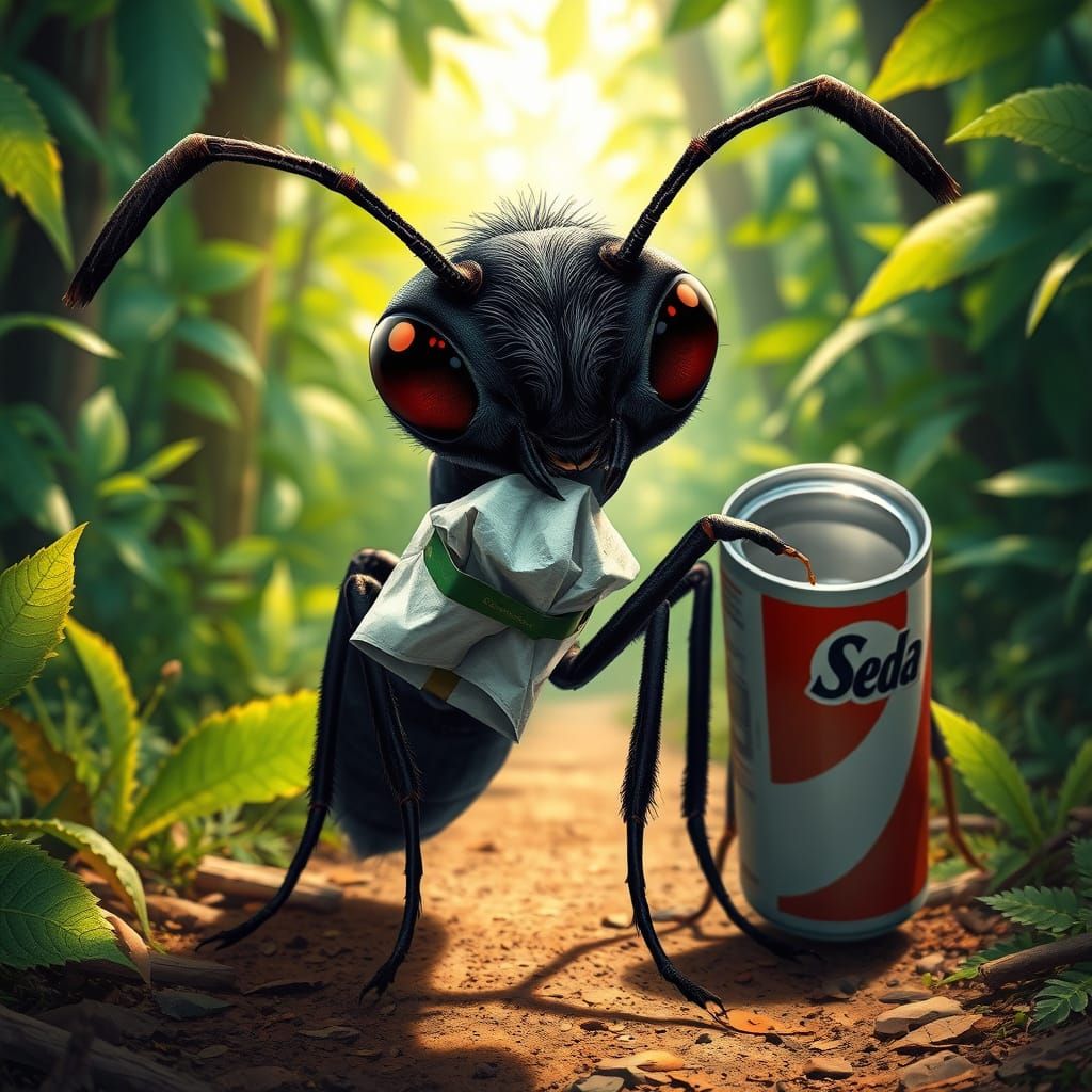 Hyper-Realistic Ant Cleaning in Vibrant Forest