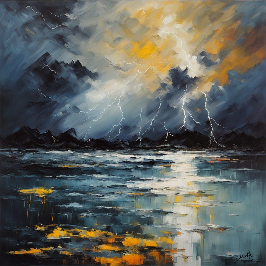 Abstract Oil Painting of Stormy Lake with Lightning