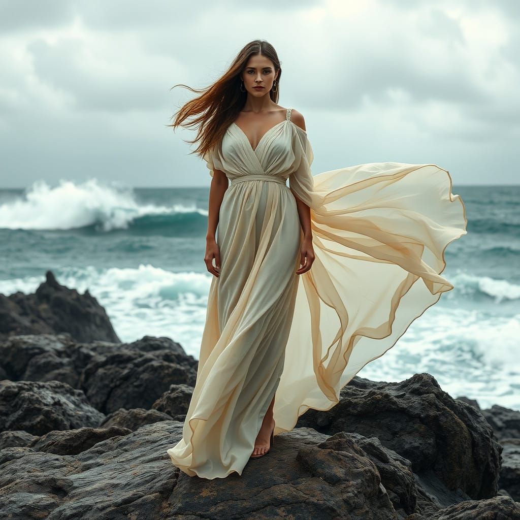 Elegant Storm Goddess on Rocky Shores