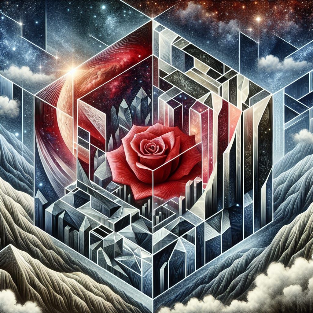 Surreal Crystal Rose Landscape in Cubist Style