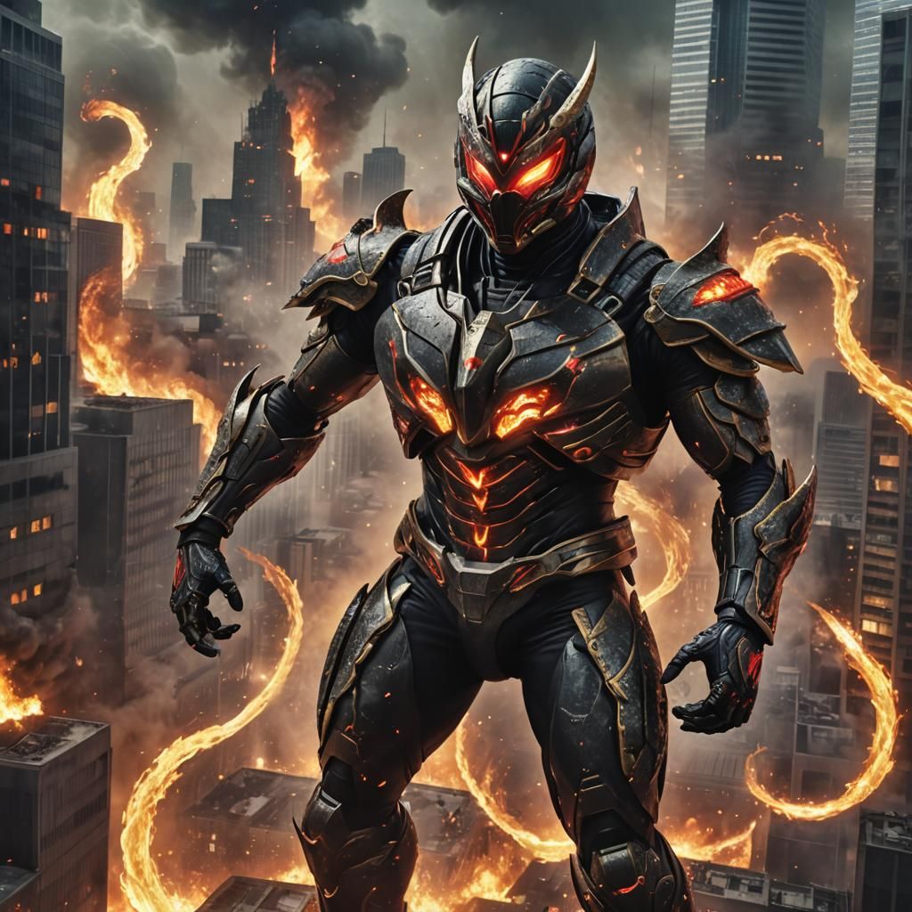Kamen Rider in Burning Cityscape, Anime Manga Art