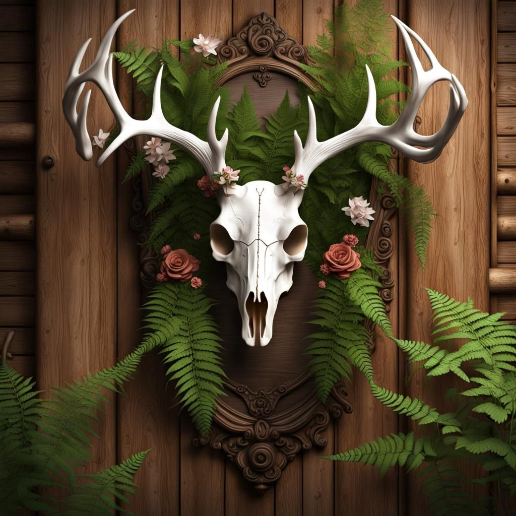 Deer Skull with Ferns and Flowers: Detailed Matte Painting