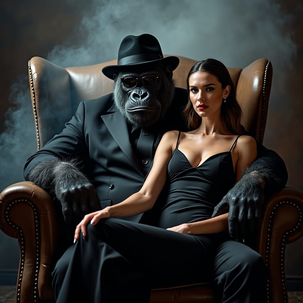 Sleek Gangster Gorilla Portrait in Smoky Studio