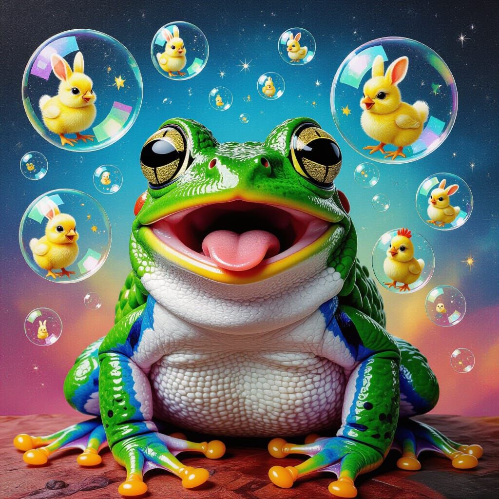 Surprised Frog Burping Surreal Bubbles in 3D Collage