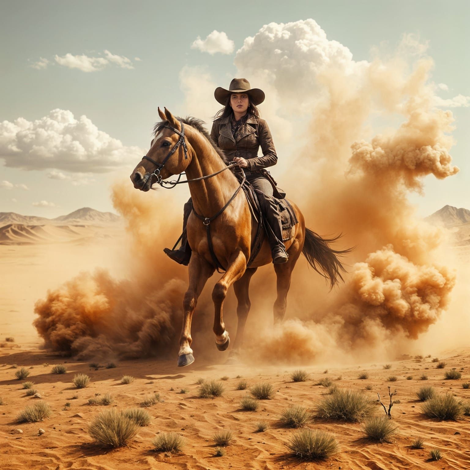 Ethereal Cowgirl Rides into a Vintage Western Sandstorm