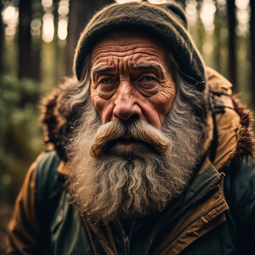 Hyperrealistic Portrait of Old Trapper in Forest