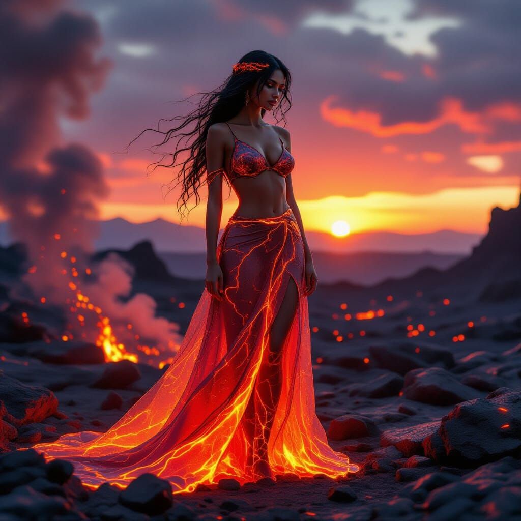 Lava Woman in Volcanic Landscape, Photorealistic Style