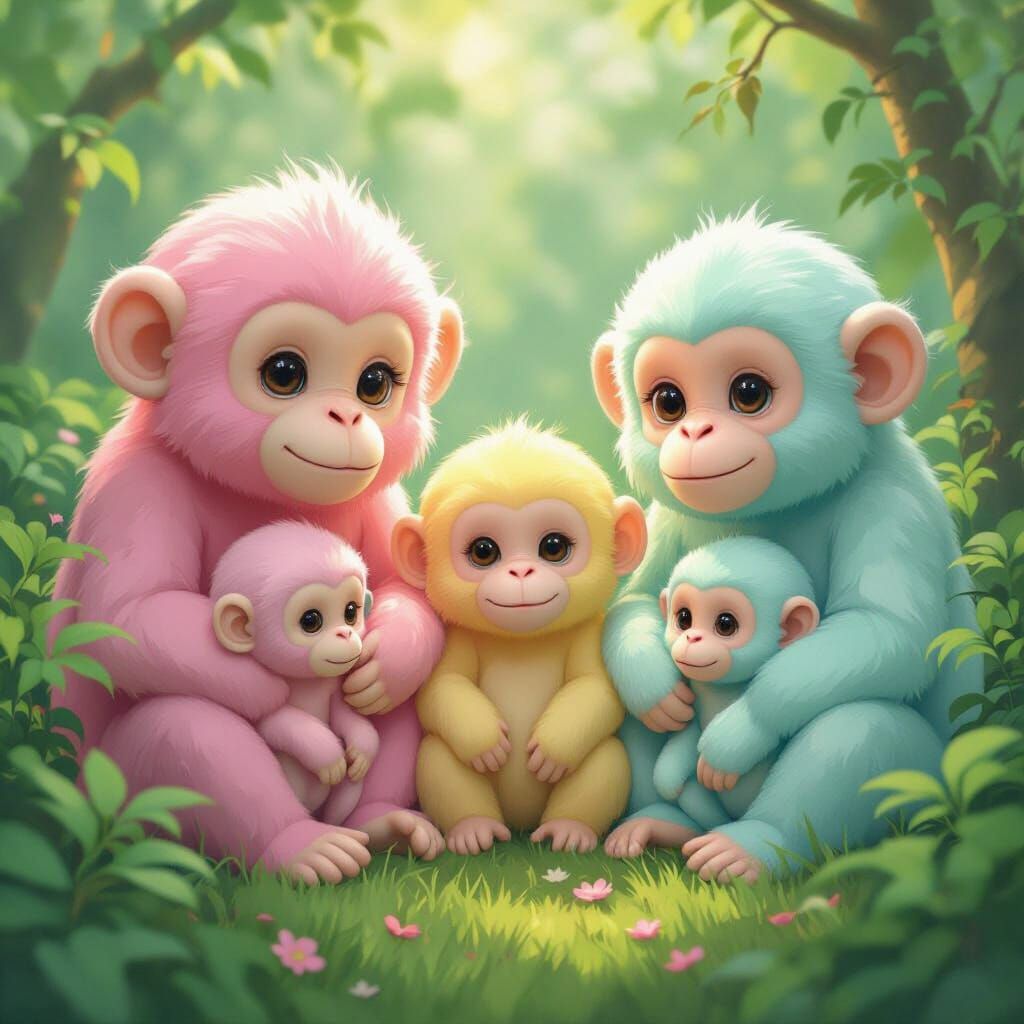 Pastel Apes in Lush Greenery