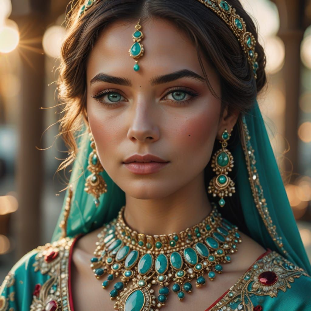 Woman's Hyperrealistic Portrait with Turquoise and Opal Jewe...