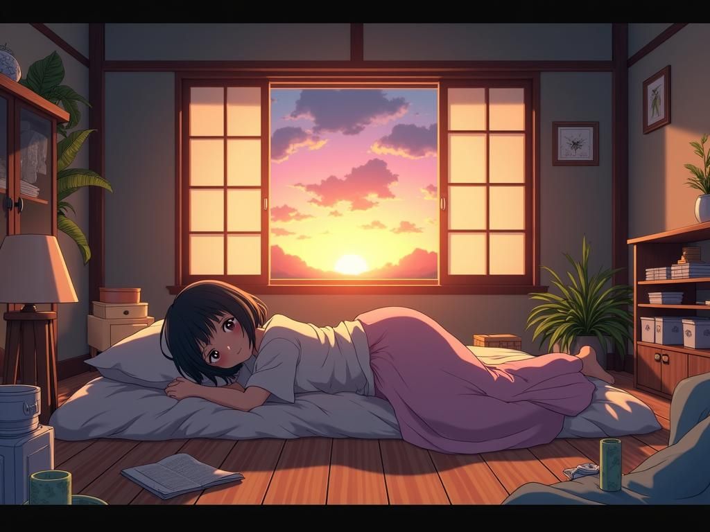 Anime Girl in Messy Room at Dusk, Miyazaki Style