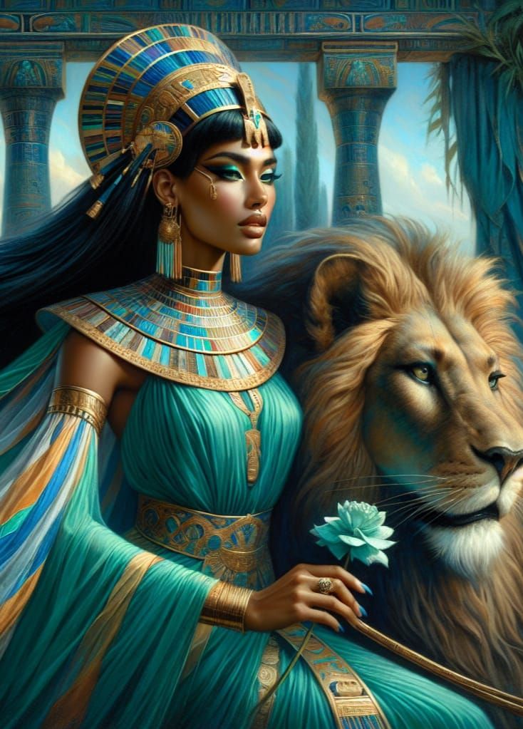 Egyptian Goddess of Love Riding a Lion in Enameled Gold Head...