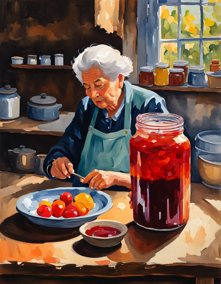 Grandmother Making Jam in a Jar, Gouache Style