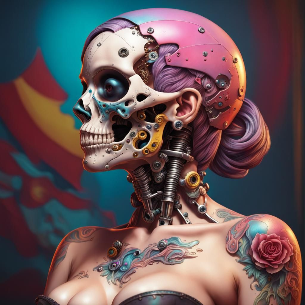 Hyperrealistic Cyborg Skull Pin-Up Splash Art