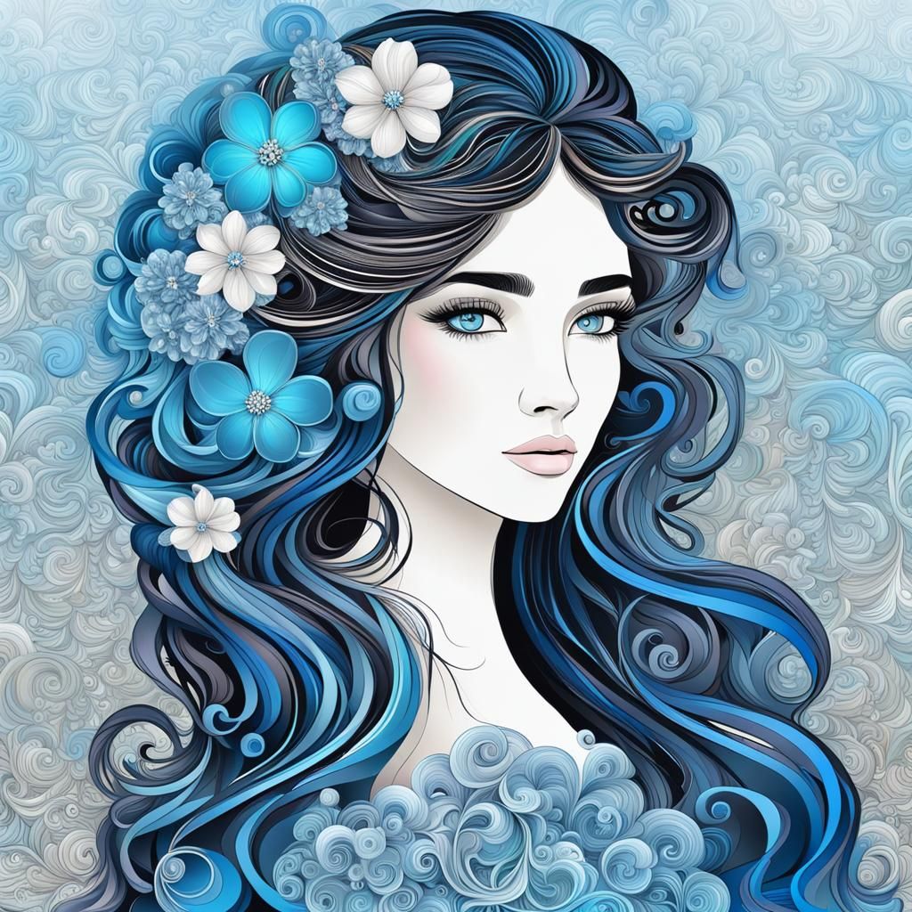 Regal Blue Goddess in Vibrant Floral Majesty