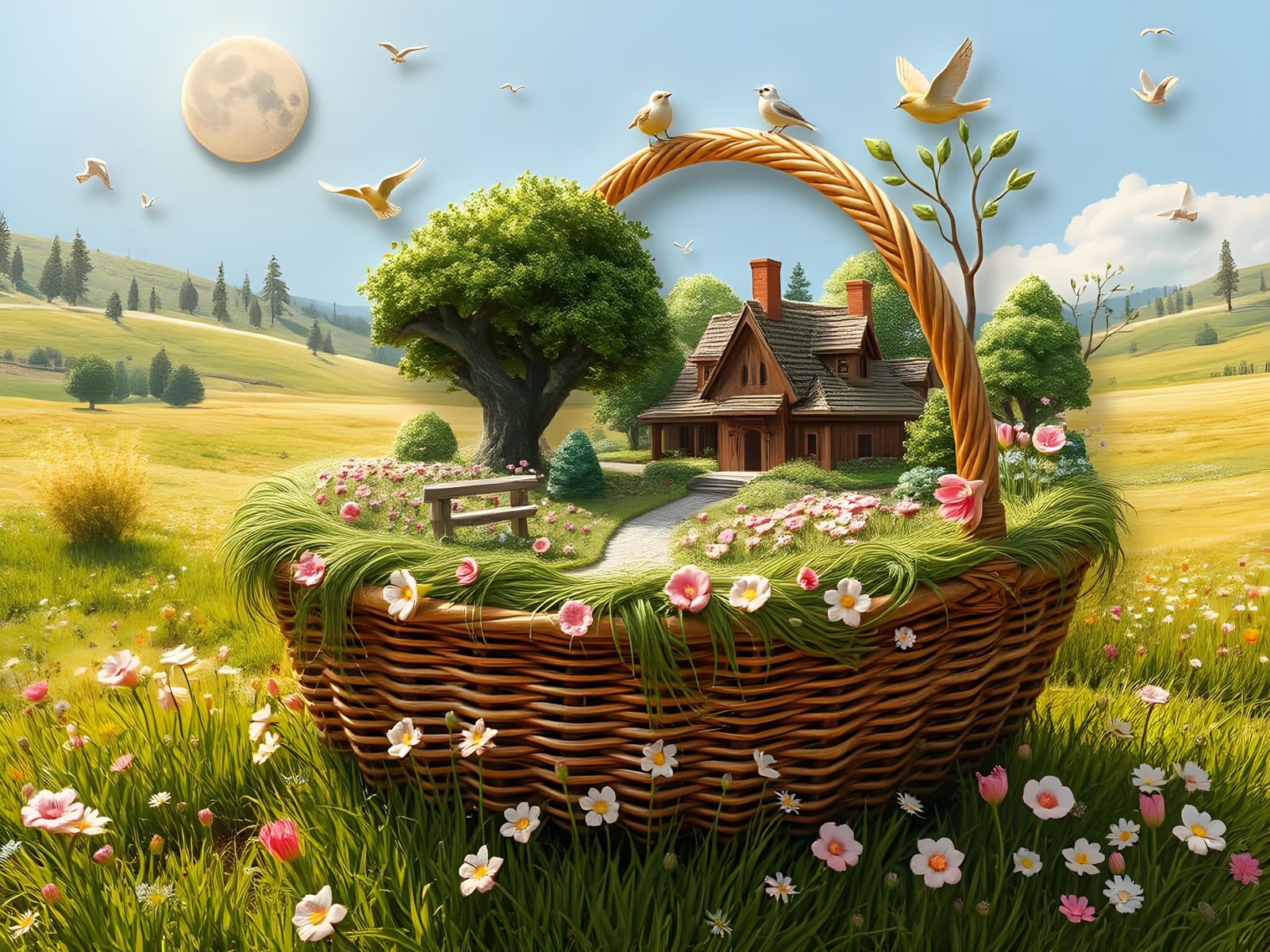 Surreal Wicker Oasis with Vibrant Floral Scene in Complex Re...