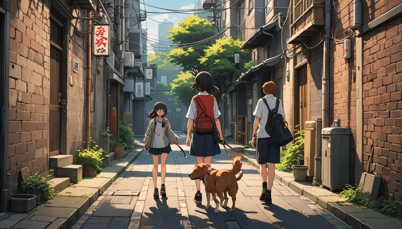 Girl and Dog in Alley, Manga Anime Art