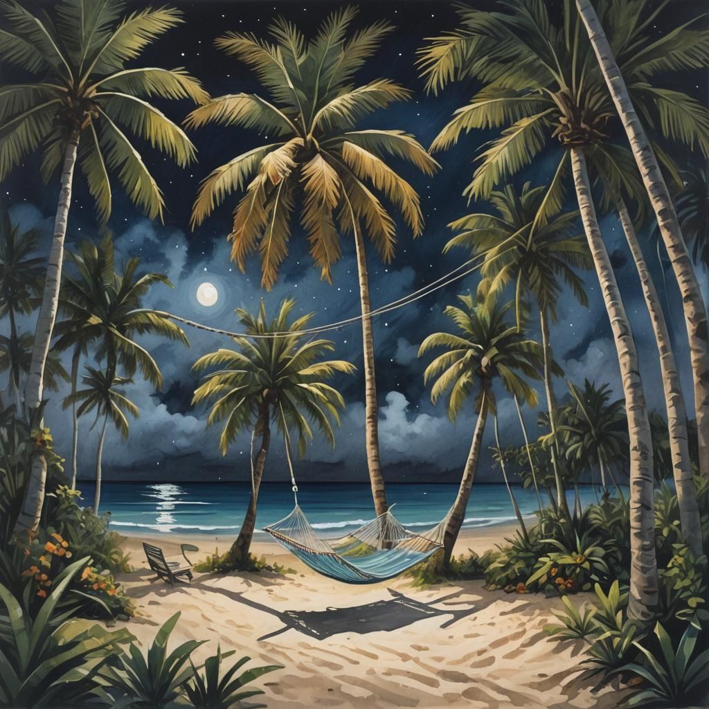Night Beach with Hammock in Gouache Style
