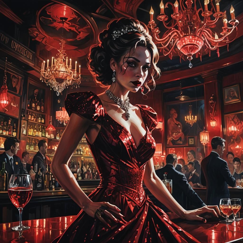 Eerie Bar Woman in Red Dress: Surrealist Art