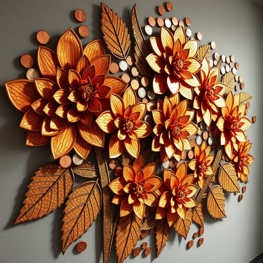 Penny Flower Mural: Metallic Art with Golden Glow