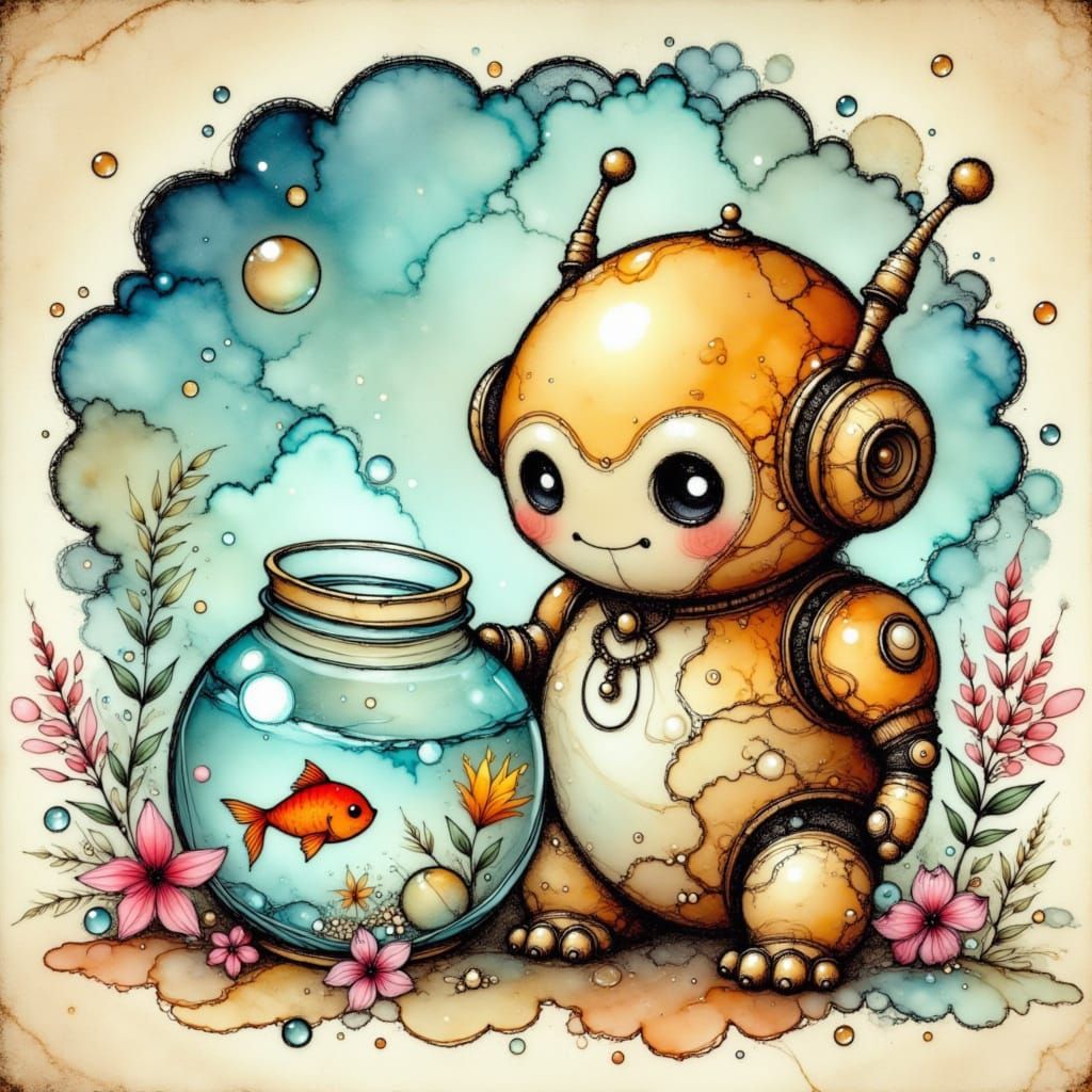 Cute Robot Holding a Fishbowl with Alcohol Ink Splash