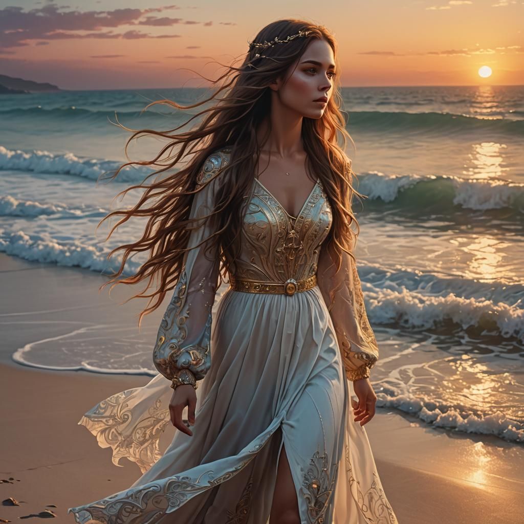 Woman on Beach at Sunset: Detailed Fantasy Digital Art