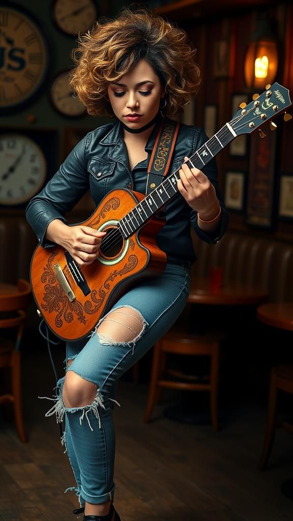 Blues Guitarist in a Dimly Lit Bar, Vibrant Portrait