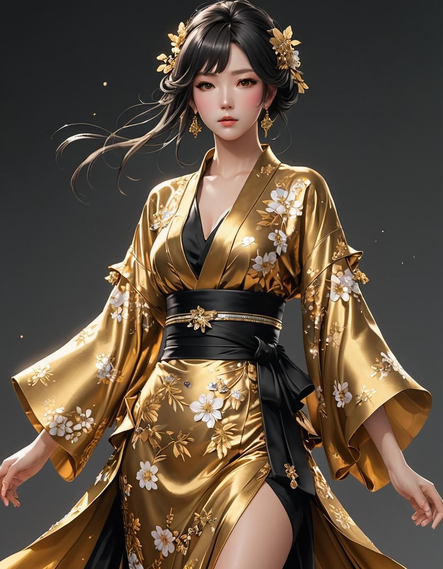 Anime Girl in Gold Kimono: 3D Aesthetic Art