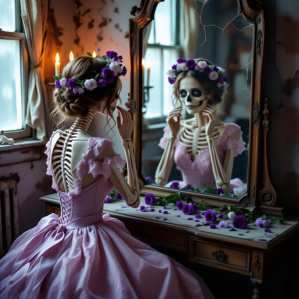 Skeleton Girl Adjusts Wilted Flower Crown in Mirror