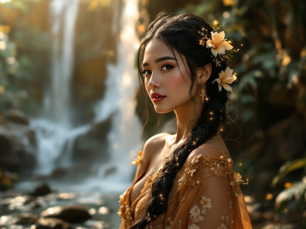 Balinese Woman in Kebaya Under Waterfall, Fashion Art