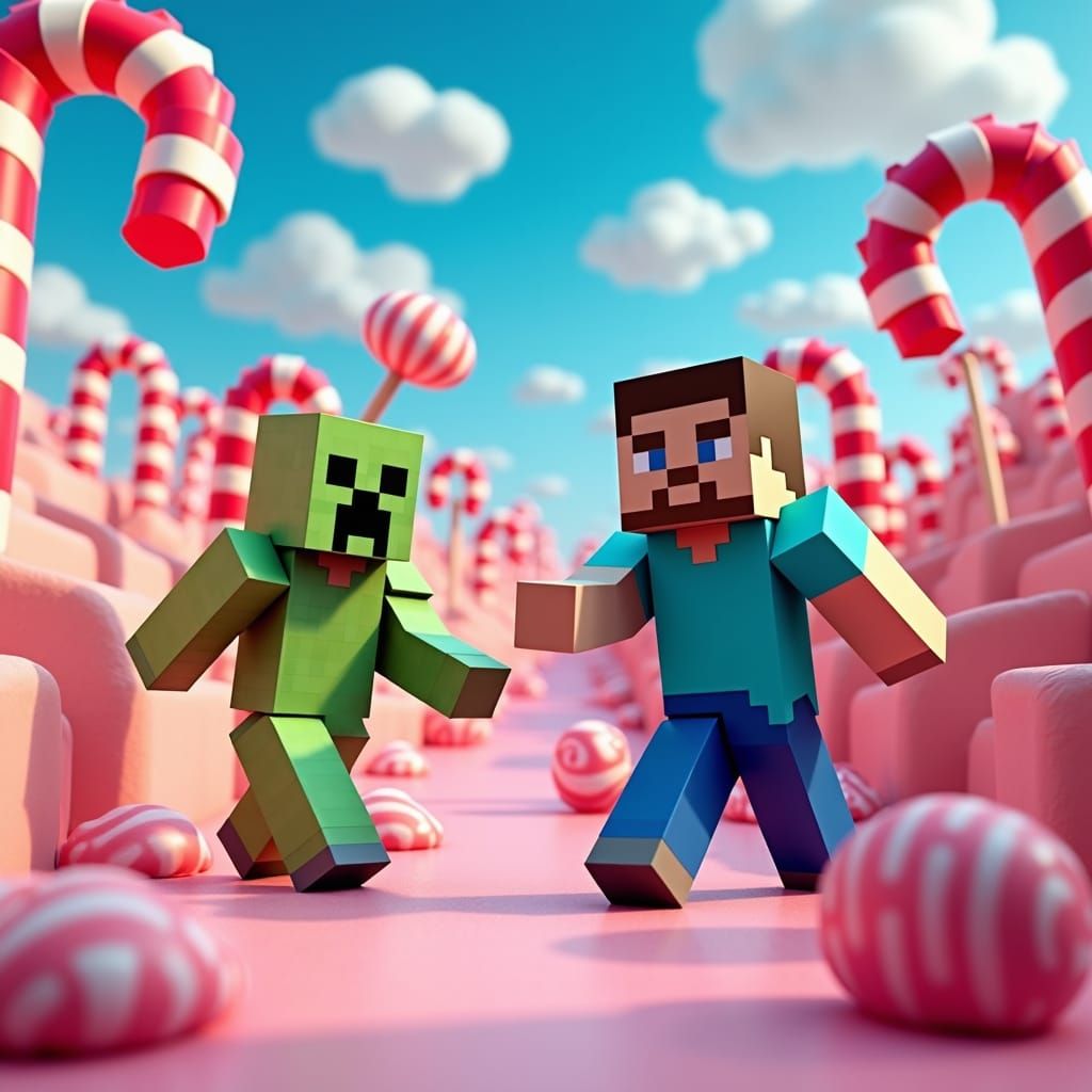Minecraft Characters in Hyperrealistic Candyland World