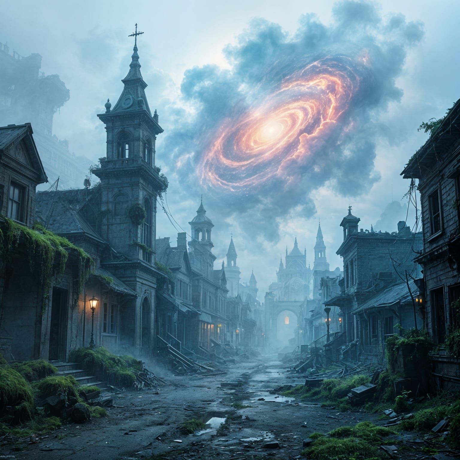 Abandoned City Lost in Fog and Moss