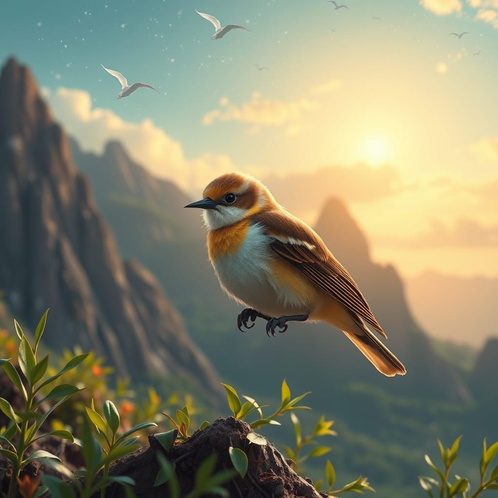 Surreal White Burrowing Owl Baby Sits on Nest Amidst Mountai...