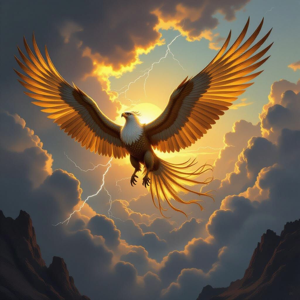 Griffin Soaring Through Stormy Sky, Romanticism Style