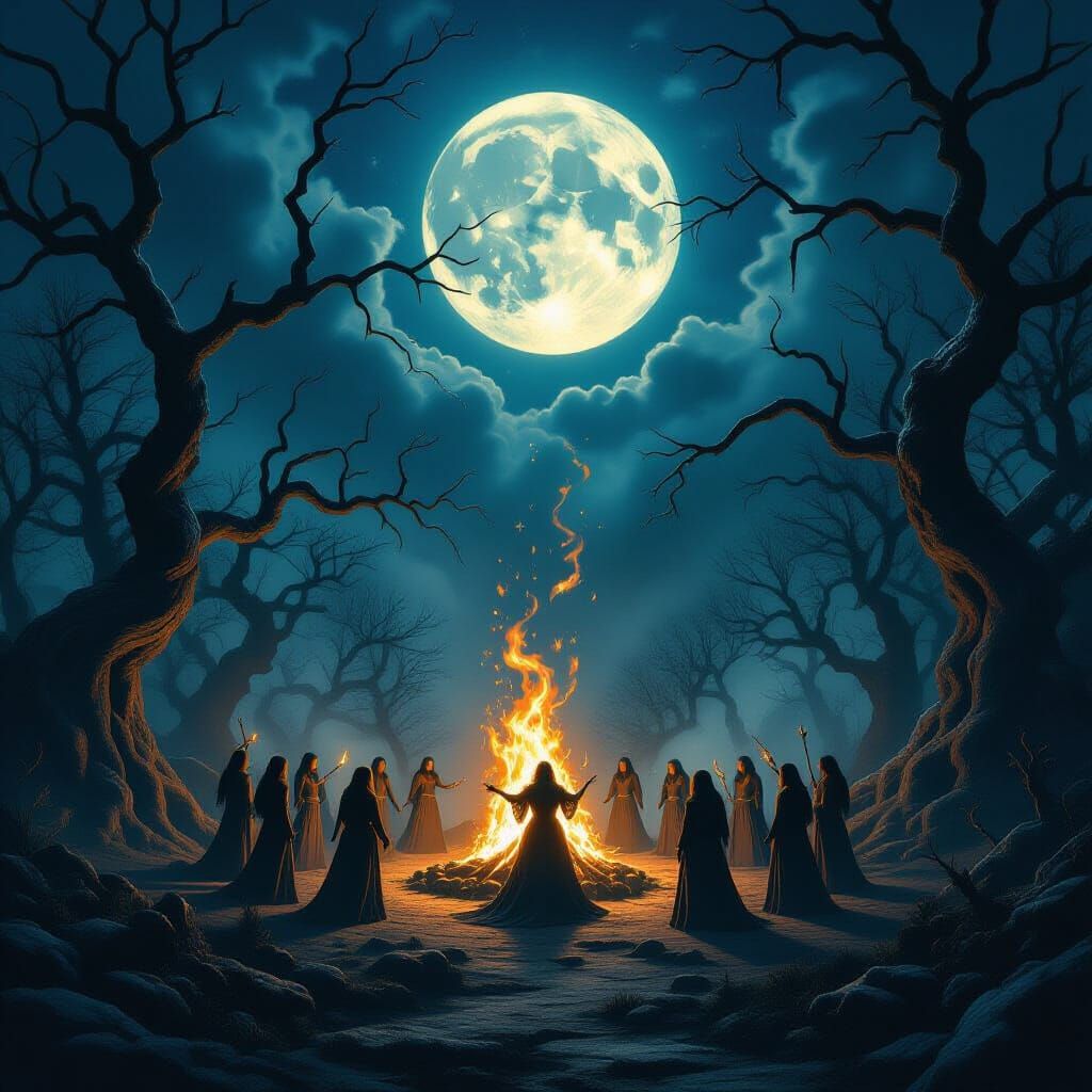 Witch Coven Circle Around Blazing Fire in Eerie Forest