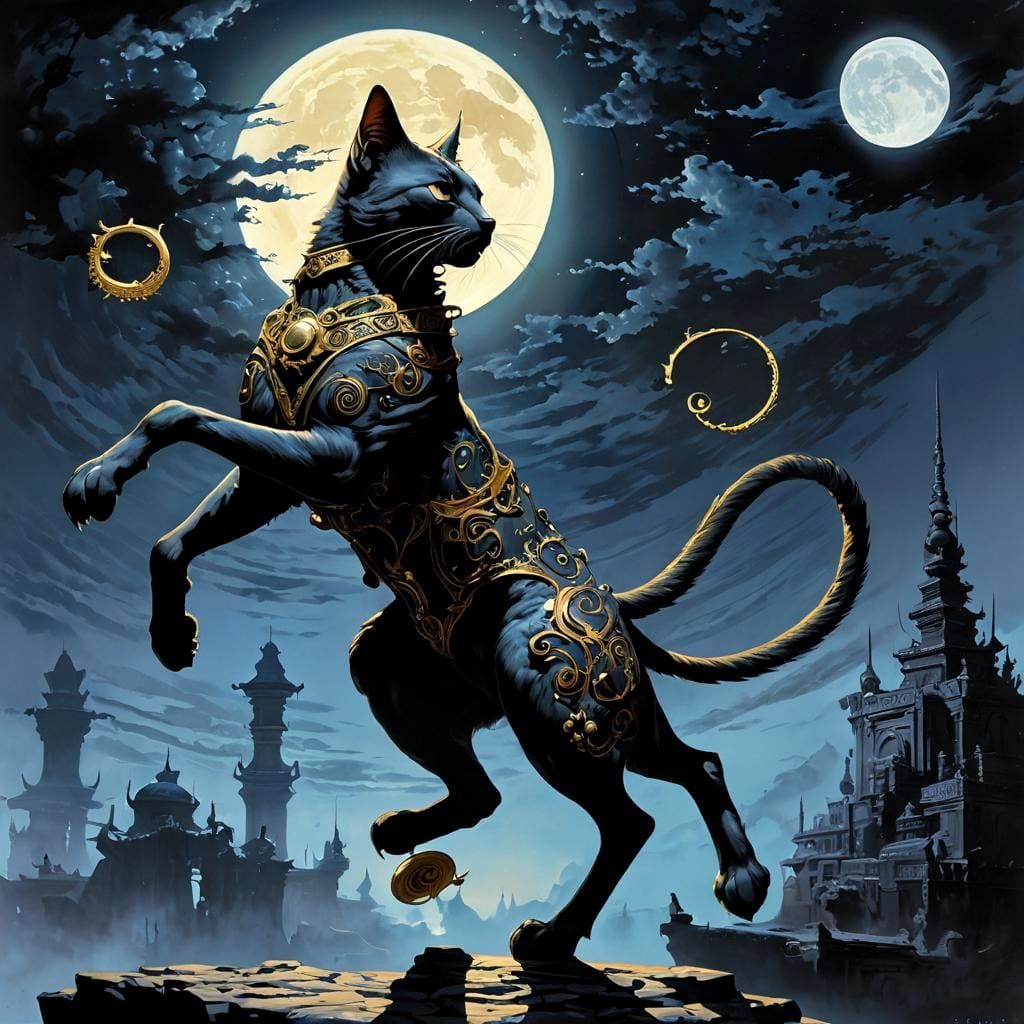 Clockwork Cat Leaps in Surreal Fantasy Art
